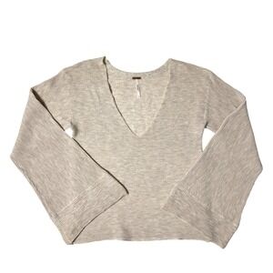 Free People Starman V-Neck Pullover Boho Ribbed Sweater Bell Sleeve Beige XS
